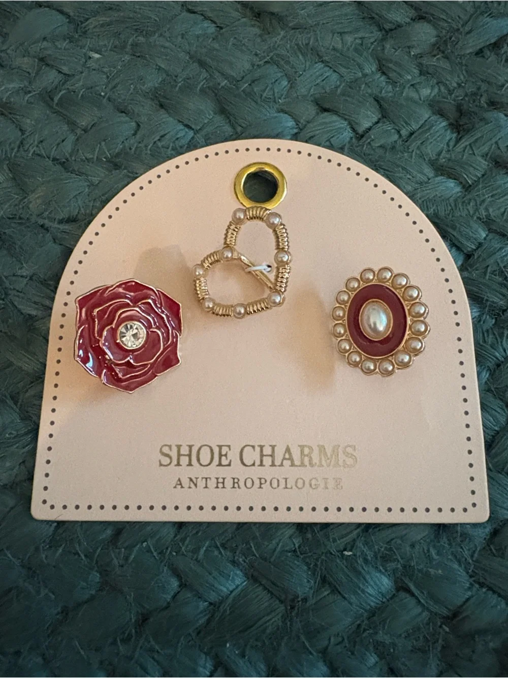 Anthropologie Red Enamel Rose, Gold Beaded Heart & Pearl-Trim Shoe Charms